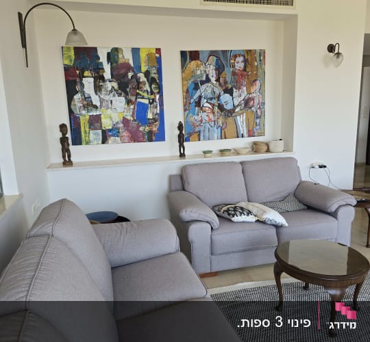 סלון עם ספות, שולחן קטן ותמונות על הקיר